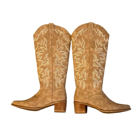 Cowboy Block Faux Suede Brown Heel Stitch Detail Pull on Western Boots Size: 6 - Picture 4 of 9